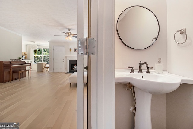 5 Stony Oak Dr, Newnan, GA 30263 - bathroom featuring a ceiling fan, wood finished floors, and a fireplace