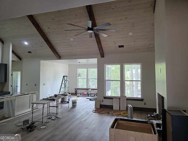living area featuring recessed lighting, wood finished floors, wooden ceiling, ceiling fan, and beam ceiling
