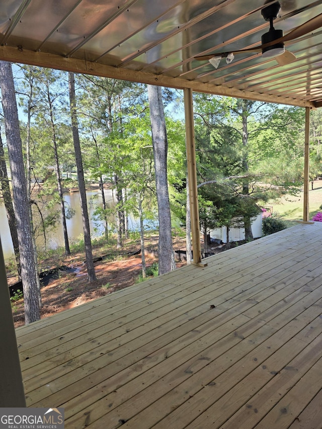 211 Lake Chase Dr N, Griffin, GA 30224 - deck with a water view, view of scattered trees, and ceiling fan