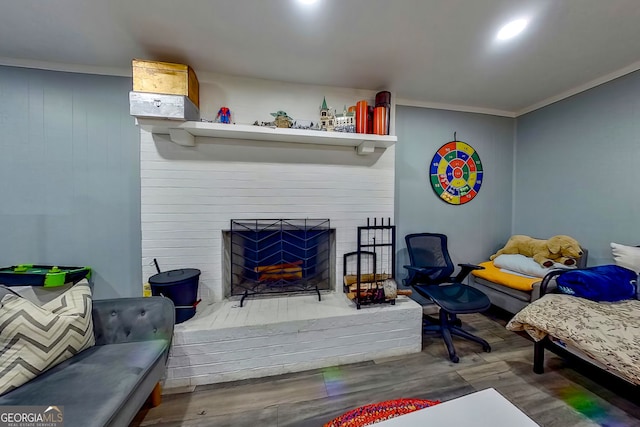 2673 Rainbow Forest Dr, Decatur, GA 30034 - living area with crown molding, wood finished floors, and a fireplace