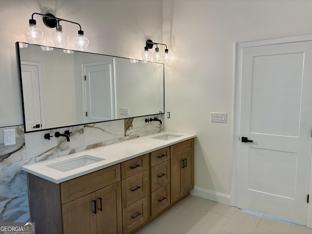 409 Saint Surrey Way, Ellenwood, GA 30294 - full bathroom with double vanity, decorative backsplash, baseboards, and a sink