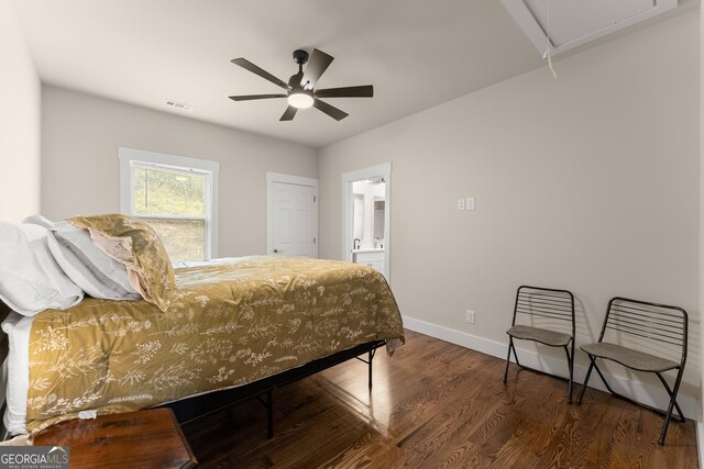 527 Abby, Clayton, GA 30525 - bedroom with attic access, wood finished floors, ensuite bath, and ceiling fan