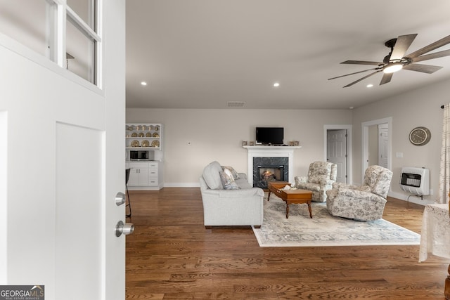 527 Abby, Clayton, GA 30525 - living room with heating unit, a high end fireplace, ceiling fan, recessed lighting, and wood finished floors