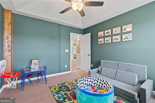 carpeted bedroom with baseboards and ceiling fan