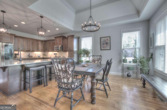 17 Ivy Stone Ct SE, Cartersville, GA 30120 - dining room featuring light wood finished floors, a healthy amount of sunlight, recessed lighting, a notable chandelier, and a raised ceiling