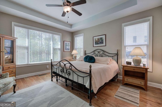 17 Ivy Stone Ct SE, Cartersville, GA 30120 - bedroom featuring light wood-type flooring, baseboards, visible vents, a ceiling fan, and a raised ceiling