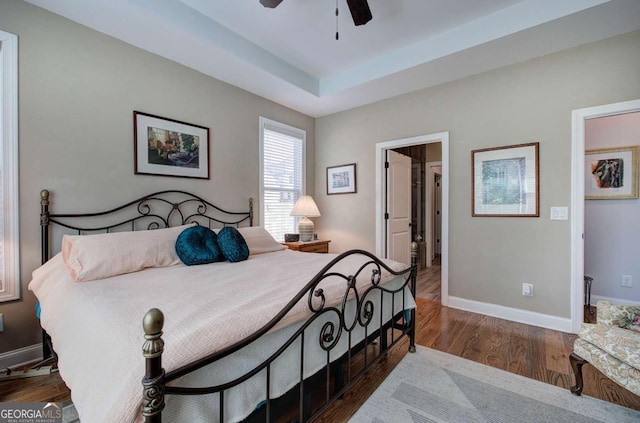 17 Ivy Stone Ct SE, Cartersville, GA 30120 - bedroom featuring baseboards, a ceiling fan, a tray ceiling, and wood finished floors