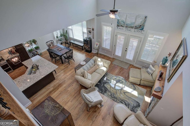 17 Ivy Stone Ct SE, Cartersville, GA 30120 - living area featuring ceiling fan, a wealth of natural light, wood finished floors, and a towering ceiling