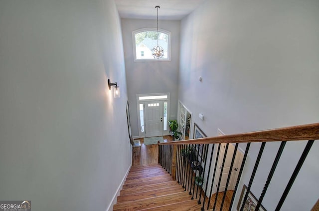 17 Ivy Stone Ct SE, Cartersville, GA 30120 - stairs featuring a towering ceiling, a notable chandelier, wood finished floors, and baseboards