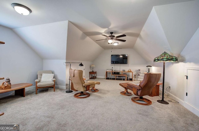 17 Ivy Stone Ct SE, Cartersville, GA 30120 - living area featuring ceiling fan, vaulted ceiling, carpet flooring, and baseboards