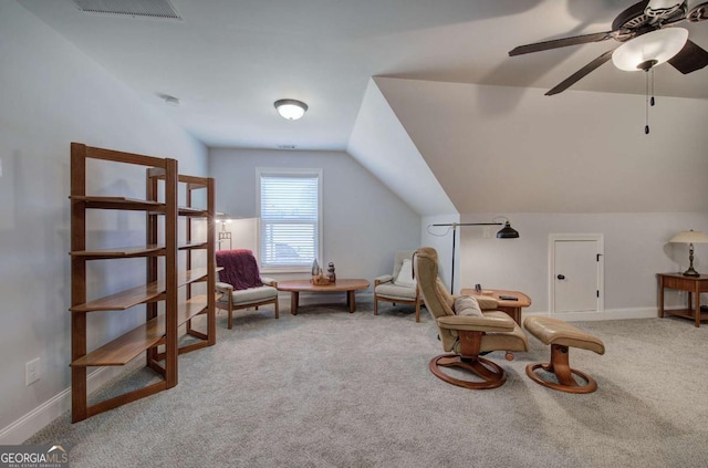 17 Ivy Stone Ct SE, Cartersville, GA 30120 - living area featuring a ceiling fan, carpet floors, baseboards, lofted ceiling, and visible vents