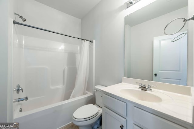 full bath featuring shower / tub combo, toilet, and vanity