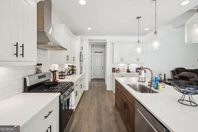 kitchen featuring stainless steel appliances, light countertops, a sink, wall chimney exhaust hood, and decorative backsplash