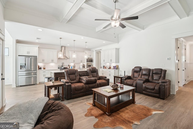 living room featuring recessed lighting, a ceiling fan, and coffered ceiling