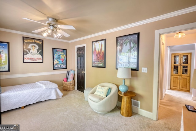 4157 Town Branch Ct SW, Covington, GA 30014 - bedroom featuring baseboards, ornamental molding, carpet, and a ceiling fan