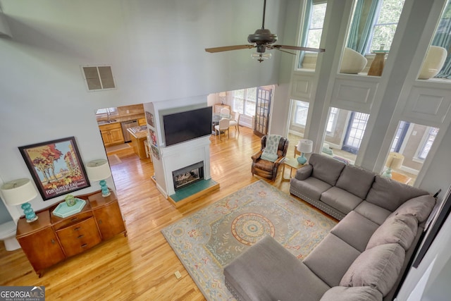 4157 Town Branch Ct SW, Covington, GA 30014 - living area featuring visible vents, a towering ceiling, a healthy amount of sunlight, and light wood-type flooring