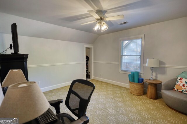 4157 Town Branch Ct SW, Covington, GA 30014 - home office with light colored carpet, a ceiling fan, baseboards, vaulted ceiling, and visible vents