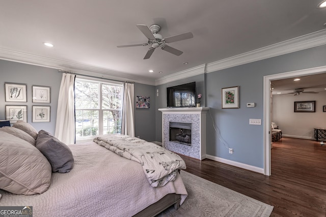 10 Rivermont Dr SW, Rome, GA 30165 - bedroom featuring recessed lighting, a fireplace, dark wood-type flooring, and crown molding