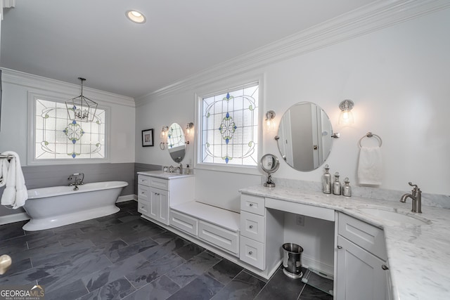 10 Rivermont Dr SW, Rome, GA 30165 - bathroom featuring a chandelier, a freestanding tub, vanity, and ornamental molding