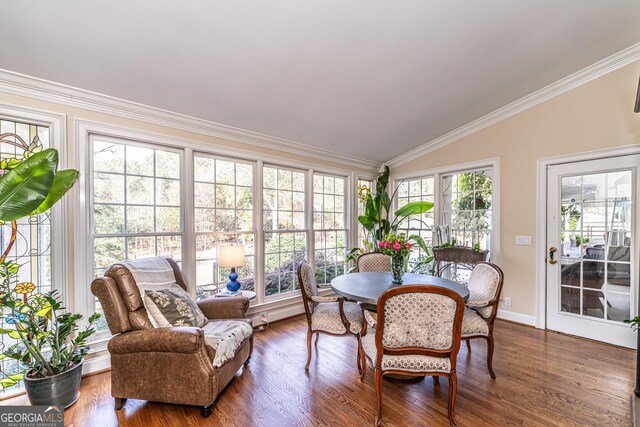 10 Rivermont Dr SW, Rome, GA 30165 - sunroom with lofted ceiling, crown molding, baseboards, and wood finished floors