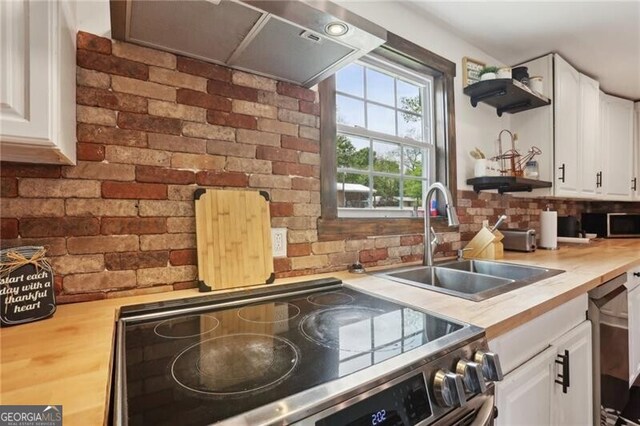 1060 Stephen St, Greensboro, GA 30642 - kitchen featuring appliances with stainless steel finishes, open shelves, white cabinets, and ventilation hood