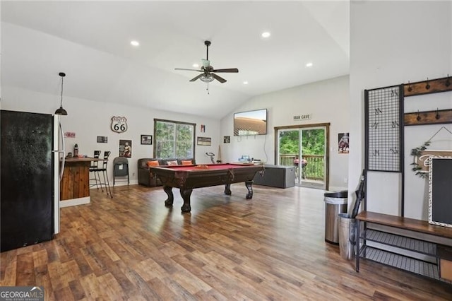 1060 Stephen St, Greensboro, GA 30642 - rec room featuring ceiling fan, billiards, wood finished floors, vaulted ceiling, and recessed lighting