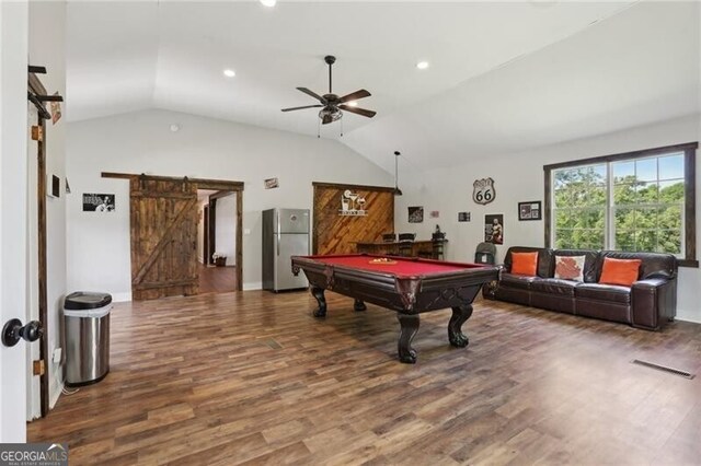 1060 Stephen St, Greensboro, GA 30642 - playroom with a barn door, lofted ceiling, pool table, wood finished floors, and a ceiling fan