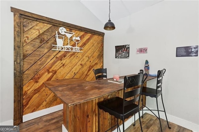 1060 Stephen St, Greensboro, GA 30642 - bar with lofted ceiling, dark wood-style flooring, and pendant lighting