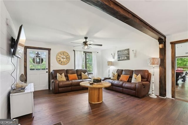 1060 Stephen St, Greensboro, GA 30642 - living room featuring plenty of natural light, dark wood-style floors, and ceiling fan