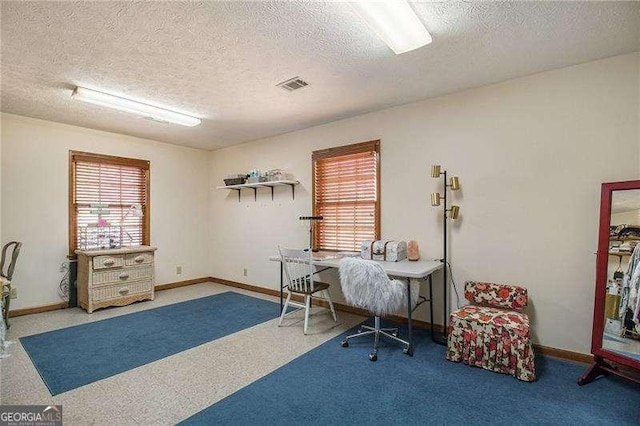 carpeted office with visible vents, a textured ceiling, and baseboards