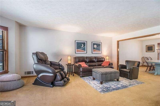 5000 Bainbridge Ct SW, Lilburn, GA 30047 - carpeted living room featuring visible vents and a textured ceiling