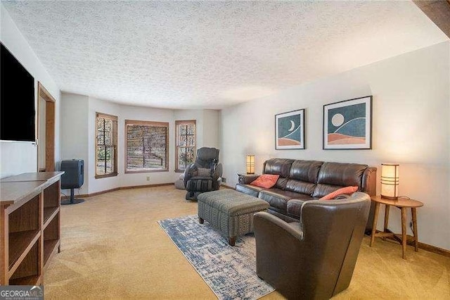 living area featuring baseboards, a textured ceiling, and light colored carpet