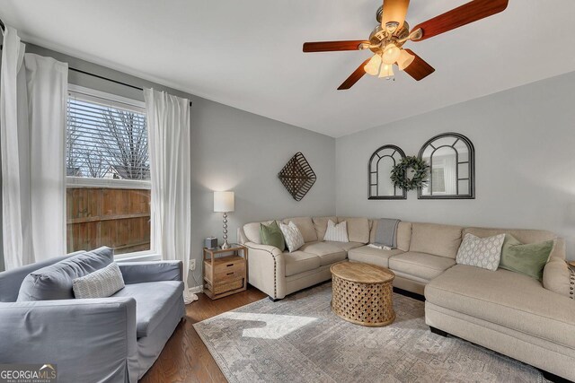 213 Roseman Way, Woodstock, GA 30188 - living area with wood finished floors, a ceiling fan, and baseboards