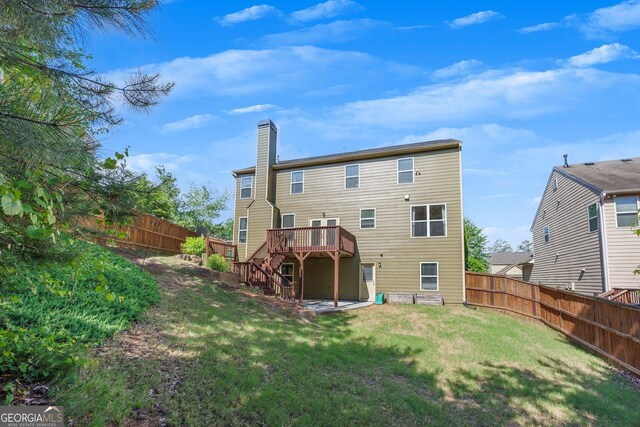 213 Roseman Way, Woodstock, GA 30188 - rear view of house with stairway, a chimney, and a deck