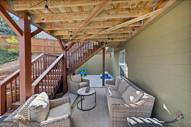 213 Roseman Way, Woodstock, GA 30188 - view of patio / terrace featuring stairs, outdoor lounge area, and fence