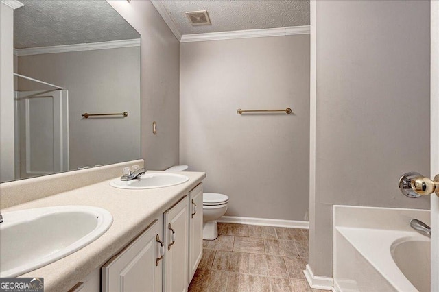 full bathroom with a textured ceiling, visible vents, toilet, and a sink