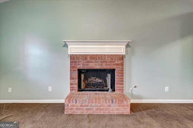 details with carpet, a brick fireplace, and baseboards