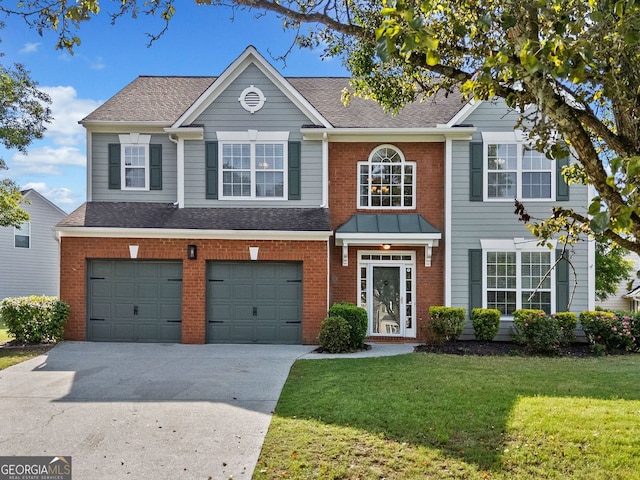 view of front of home featuring concrete driveway, brick siding, a front lawn, and a garage