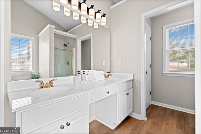 full bath featuring double vanity, a sink, wood finished floors, and a shower stall