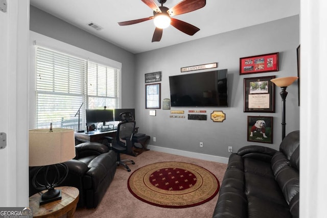 9988 Devonshire St, Douglasville, GA 30135 - office space featuring visible vents, carpet flooring, baseboards, and ceiling fan