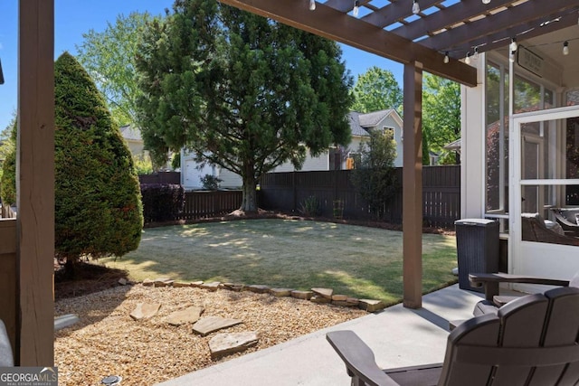 9988 Devonshire St, Douglasville, GA 30135 - view of yard featuring a fenced backyard, a pergola, central AC, and a patio area