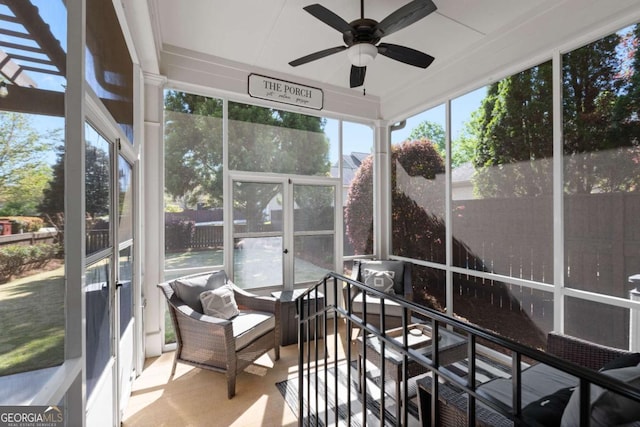 9988 Devonshire St, Douglasville, GA 30135 - sunroom featuring ceiling fan