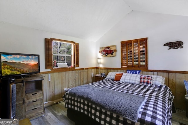 329 Ed King Rd, Blairsville, GA 30512 - bedroom featuring wainscoting, wood finished floors, wooden walls, and high vaulted ceiling