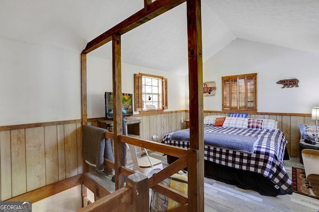 329 Ed King Rd, Blairsville, GA 30512 - bedroom with a wainscoted wall, wood walls, and vaulted ceiling