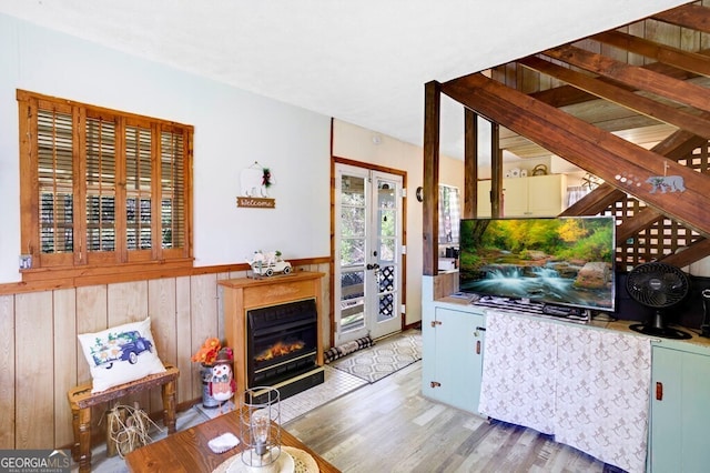 329 Ed King Rd, Blairsville, GA 30512 - kitchen featuring a glass covered fireplace, light wood-type flooring, and wood walls