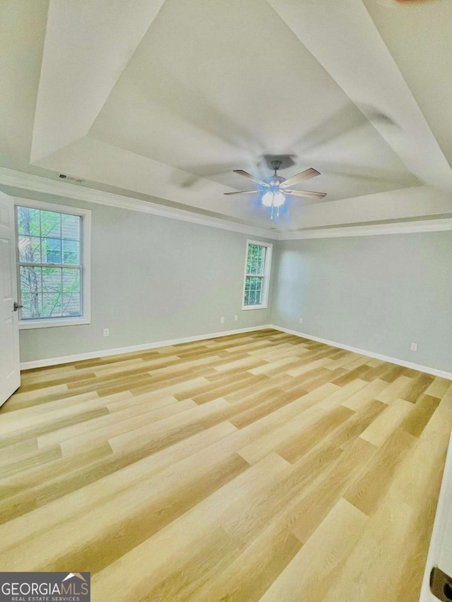 7675 Lanier View Rdg, Cumming, GA 30041 - empty room with a tray ceiling, plenty of natural light, a ceiling fan, and light wood-style flooring