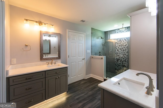 5 Gibson Rd, Newnan, GA 30263 - bathroom featuring a stall shower, vanity, and wood finished floors
