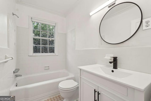 55 Delmont Dr NE Unit D1, Atlanta, GA 30305 - bathroom with tile walls, vanity, ornamental molding, and shower / bathtub combination