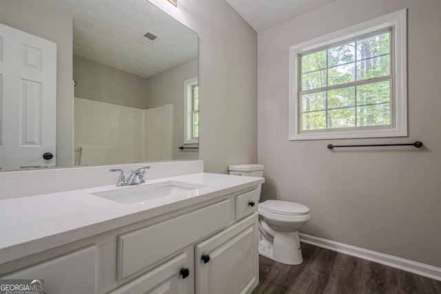 1331 Windage Ct SW, Marietta, GA 30008 - bathroom featuring wood finished floors, vanity, a shower, plenty of natural light, and a textured ceiling