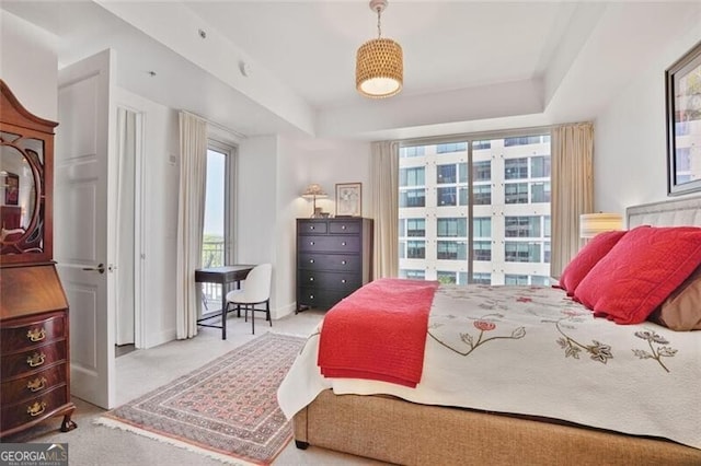 bedroom featuring carpet flooring, multiple windows, baseboards, and a tray ceiling